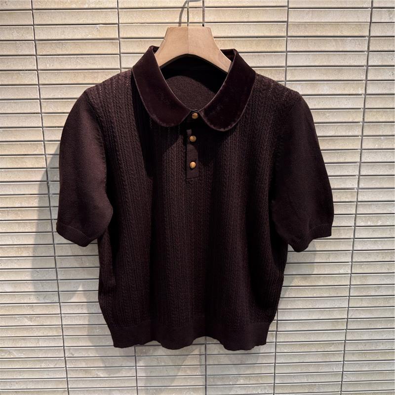 CHAO级推荐！2025秋冬新款欧货精品时尚丝绒POLO领短袖针织上衣女