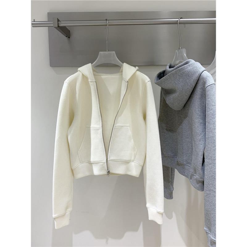 白色针织连帽卫衣外套女秋季新款修身收腰短款拉链开衫上衣