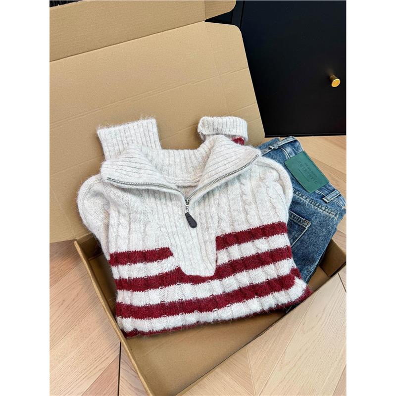 牛X货 巨炸裂！撞色条纹麻花纹羊绒毛衣女冬2025冬季拉链针织开衫