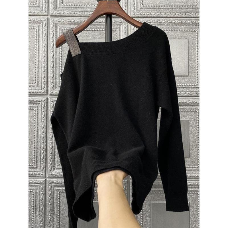 2025新款黑色露肩套头羊毛衫打底针织衫女宽松长袖秋冬羊绒衫上衣