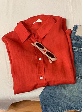 美出新高度！巨显白~红色亚麻长袖宽松防晒衬衫女气质高级感上衣