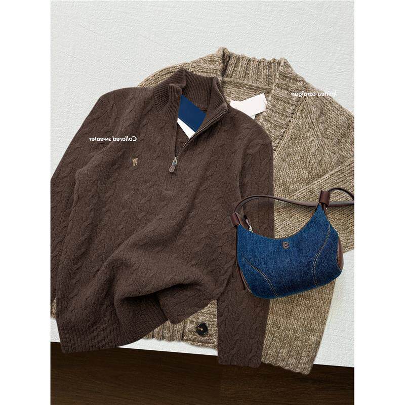 秋冬新款老钱风刺绣标半拉链软糯麻花毛衣慵懒半高领针织衫上衣女