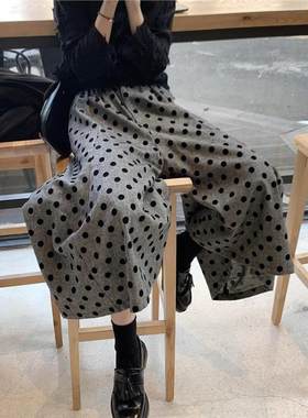高级覆古植绒波点羊毛呢七分阔腿裤女2025秋冬裙裤高腰宽松休闲裤