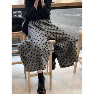 高级覆古植绒波点羊毛呢七分阔腿裤女2025秋冬裙裤高腰宽松休闲裤