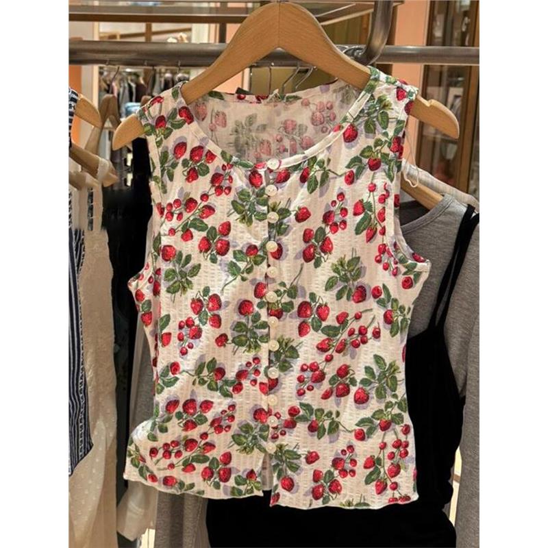 法柜！小众设计师款，夏日绝美小上衣女洋气甜美减龄草莓印花背心