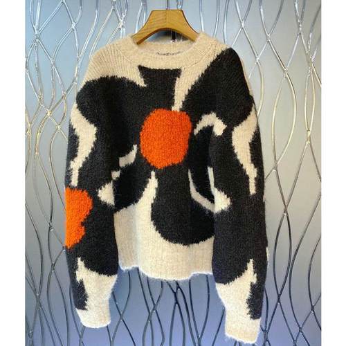 日系小众设计感拼色毛衣女2024早春新款减龄提花别致套头宽松毛衣