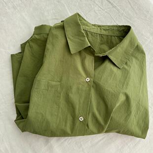 日韩外贸尾货品牌剪标水洗棉显白抹茶牛油果绿宽松慵懒风衬衫上衣