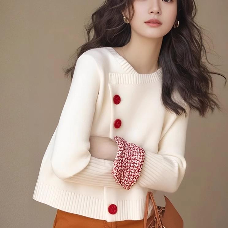 专柜撤回香风白色圆领撞色针织衫毛衣女2025新款冬季慵懒高级感