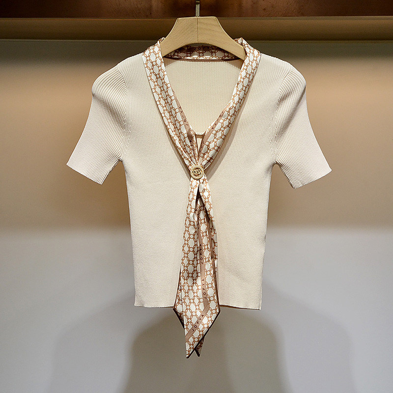 爱到骨子里~闭眼入！优质供货！！V领系带蝴蝶结短袖针织衫上衣女