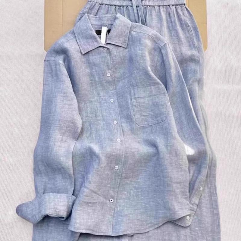 清仓捡漏~专柜撤回老钱风高级气质宽松蓝色亚麻衬衫裤子两件套女