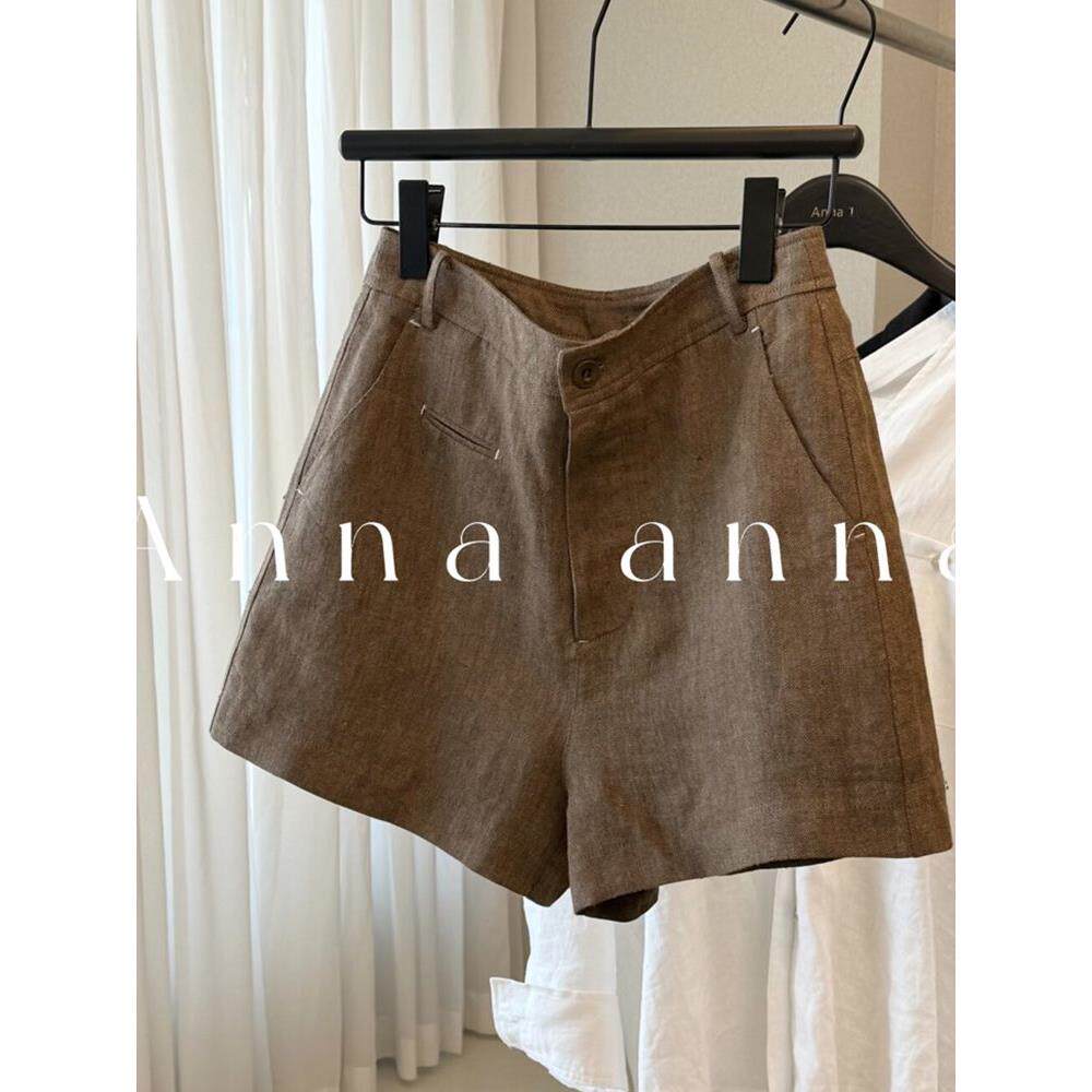 CHAO级推荐！老钱风高端棉麻咖色阔腿短裤女夏季小个子显瘦a字裤