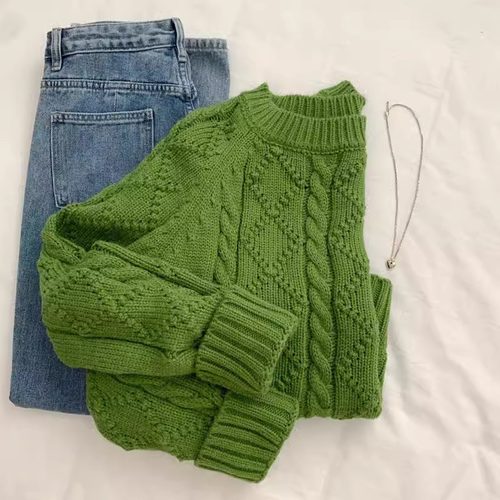 牛X货 巨炸裂！法式高级感圆领绿色羊绒麻花毛衣针织衫上衣女秋