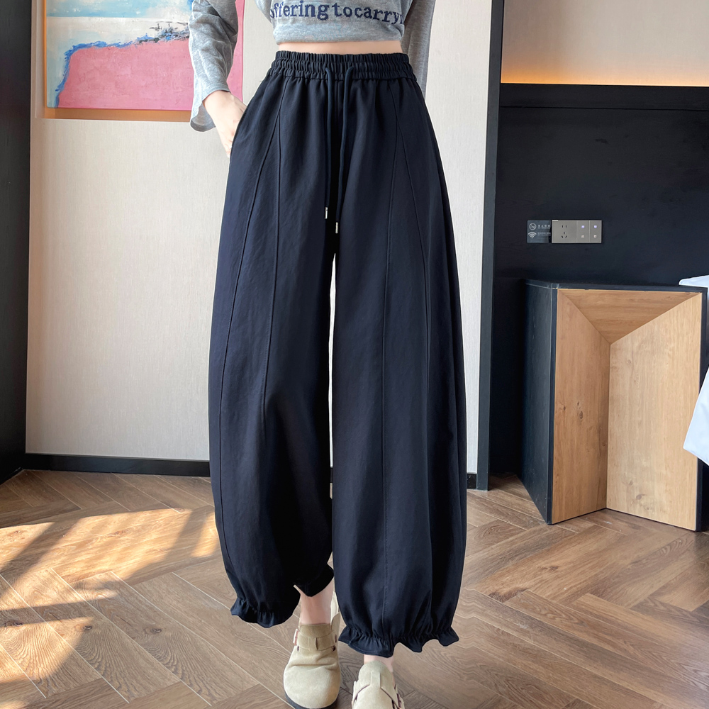 牛X货 巨炸裂！木耳花边松紧腰抽绳九分灯笼裤女宽松阔腿休闲裤子