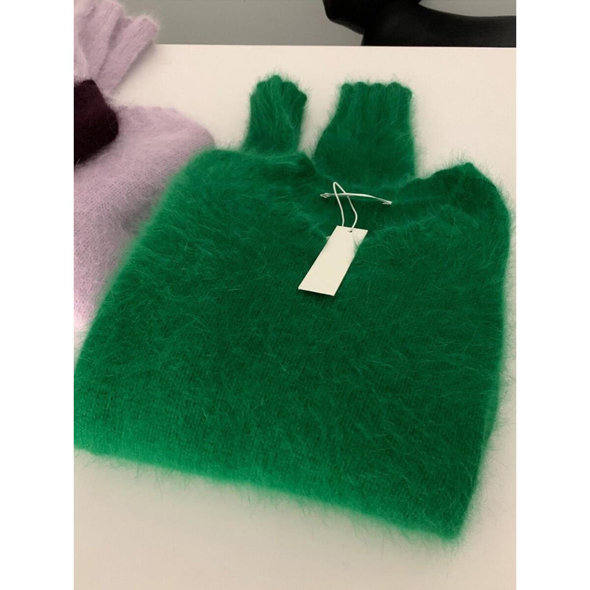 【现货】欧货绿色长毛水貂绒毛衣加厚女冬高级感百搭浣熊绒针织衫