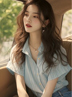 2024新款 大牌外贸法式 高级感蓝色条纹短袖 衬衫 独特别致上衣 女夏季