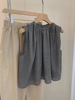 格子棉麻无袖背心上衣女夏季薄款亚麻设计感小众娃娃衫圆领衬衫夏