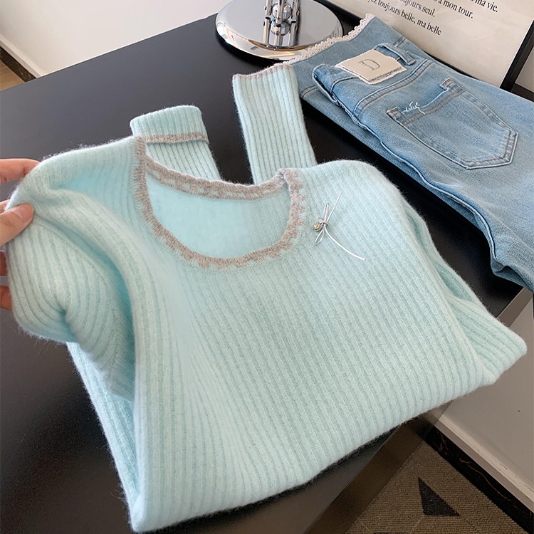 怒推！外贸单品质，蝴蝶结坑条针织衫女2025早秋韩系圆领软糯毛衣