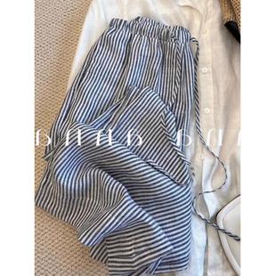 今年流行蓝色亚麻条纹高腰阔腿裤女2025夏季新款显瘦百搭休闲裤子