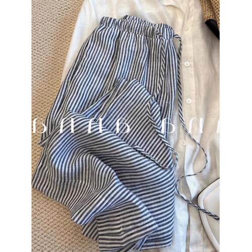 今年流行蓝色亚麻条纹高腰阔腿裤女2025夏季新款显瘦百搭休闲裤子