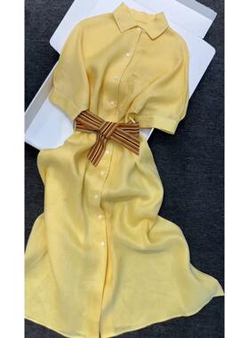 自留推，腔调十足！法式绝美黄色Polo领棉麻亚麻短袖衬衫连衣裙夏