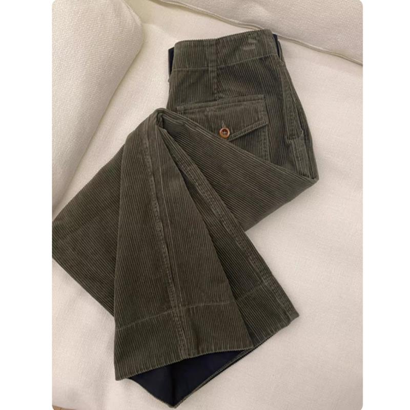 CHAO级推荐！军绿色宽松灯芯绒休闲裤女秋冬复古高腰百搭阔腿裤子
