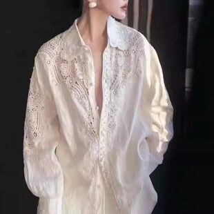 高定轻奢女装 气场强大干练气质镂空白色衬衫 秋季 宽松上衣 设计师款