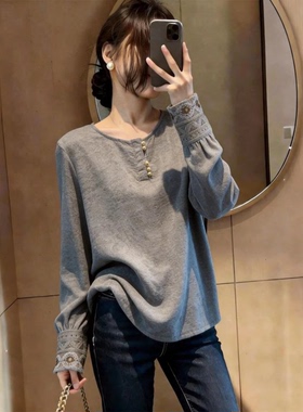 CHAO级推荐！2026春季新款通勤风灰色圆领长袖T恤女设计感上衣