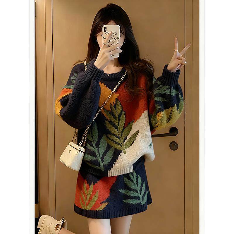 2025小个子两件套慵懒风撞色几何图案针织套装女秋冬复古套装裙,女装/女士精品,大码套装,淘宝优惠券,粉丝福利购,淘宝优惠卷