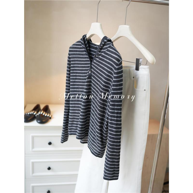 100%山羊绒条纹连帽上衣女宽松慵懒百搭可内搭可外穿针织衫连帽衫