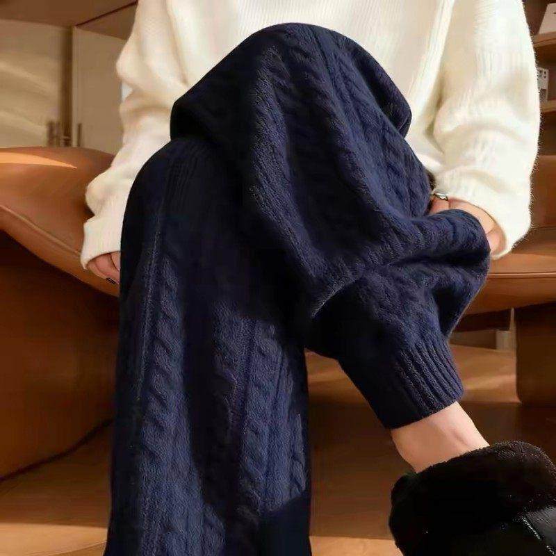 牛X货 巨炸裂！深蓝色百搭麻花阔腿裤女设计感宽松束脚针织长裤子,女装/女士精品,大码裤装,淘宝优惠券,粉丝福利购,淘宝优惠卷