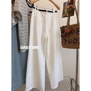 女夏季 牛X貨 巨炸裂 天絲牛仔白色闊腿褲 子 高腰寬松休閑直筒長褲