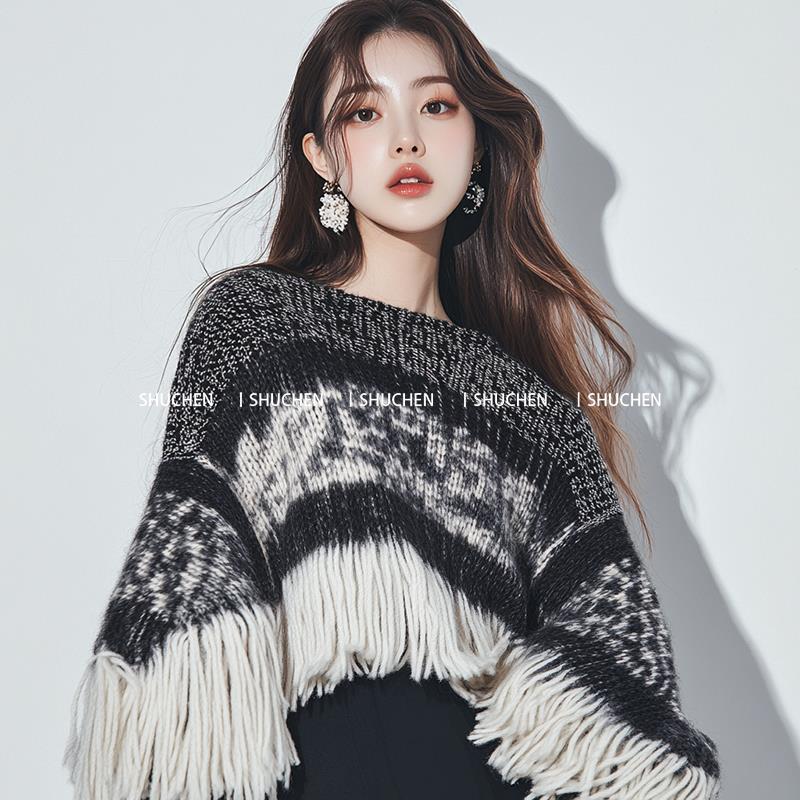 撤柜女装2025秋冬季韩系慵懒风高级感流苏披肩外搭深灰色针织衫女