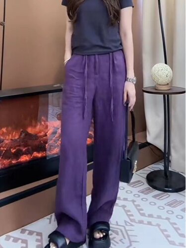 品牌折扣专柜高端外贸女装薄款休闲裤女多巴胺小众减龄麻料阔腿裤