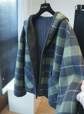 羊驼羊毛连帽格纹双面呢大衣女短毛呢外套小个子秋冬A76P