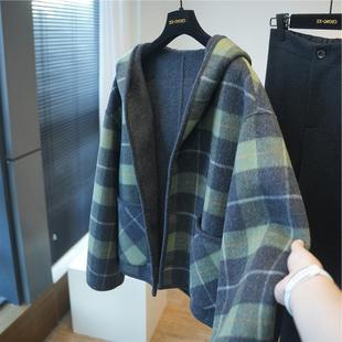 羊驼羊毛连帽格纹双面呢大衣女短毛呢外套小个子秋冬A76P