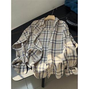 GAO端版!杏色格子棉麻翻领排扣衬衫外套女早春新款复古衬衣