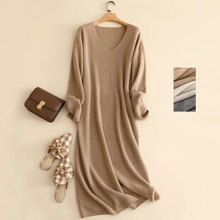 牛X货 巨炸裂！宽松慵懒纯山羊绒连衣裙女秋冬过膝长款V领毛衣裙