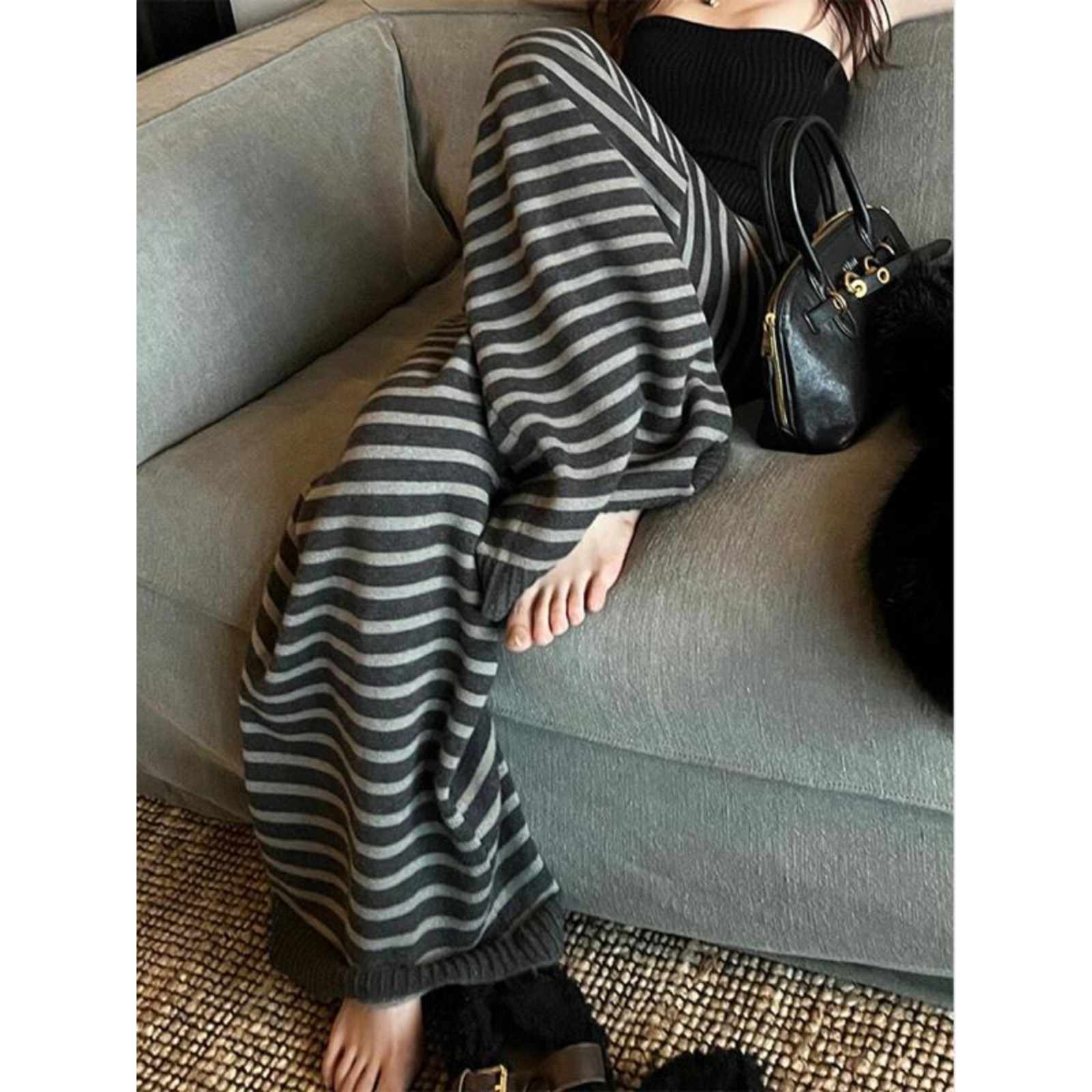 CHAO级推荐！松弛感宽松慵懒风休闲黑白条纹针织直筒阔腿裤女秋冬