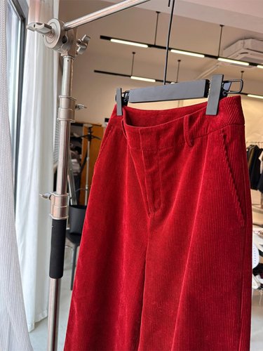 品牌专柜高端女装外贸复古红色灯芯绒阔腿裤直筒高级感休闲长裤女