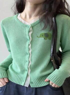 牛X货 巨炸裂！绿色小象软糯针织开衫女春季慵懒风宽松打底衫上衣