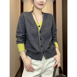 韩版时尚休闲简约撞色拼接假两件V领短款针织开衫女2025秋季新款