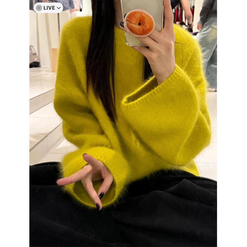 CHAO级推荐！2024秋冬高级感兔绒混纺宽松针织衫保暖套头毛衣女