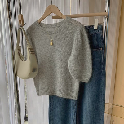 品牌专柜折扣店商场撤回外贸女装清仓灰色短袖泡泡袖马海毛毛衣女