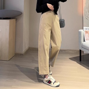 卡其色舒柔抗皺闊腿褲 春秋高腰遮肉遮胯鐮刀休閑九分褲 女2025新款