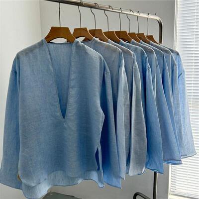 韩国东大门气质优雅V领亚麻衬衫女设计感廓形显瘦百搭小个子上衣