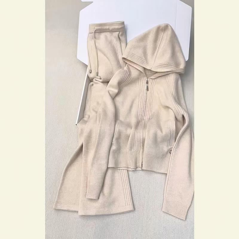 怒推！外贸单品质，洋气减龄高级感杏色连帽针织外套休闲裤套装女
