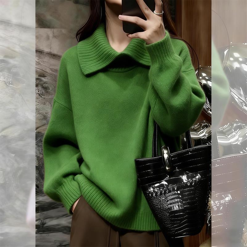 休闲风绿色翻领套头针织衫女2025冬季新款宽松高级感百搭毛衣上衣