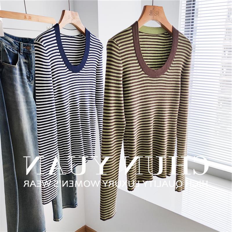 复古时髦绿棕条纹高质感绵羊毛混纺毛衣薄款U领打底针织衫女