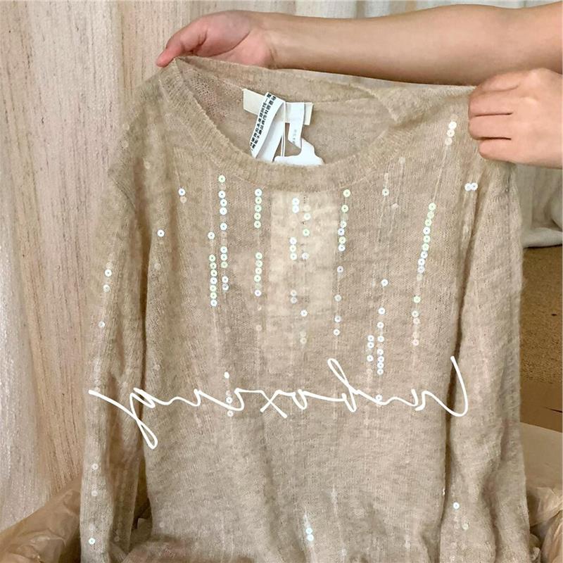 CHAO级！杏色羊毛亮片毛衣女秋季新款慵懒宽松软糯显瘦针织衫