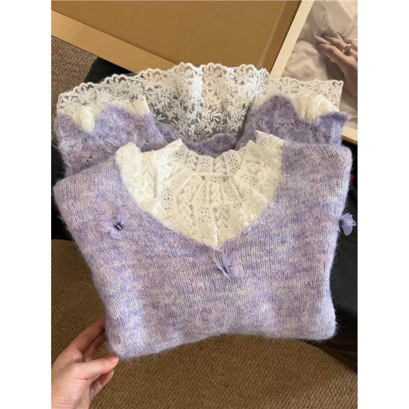 CHAO级！紫色蕾丝花边拼接羊绒毛衣女秋季新款韩系慵懒针织衫